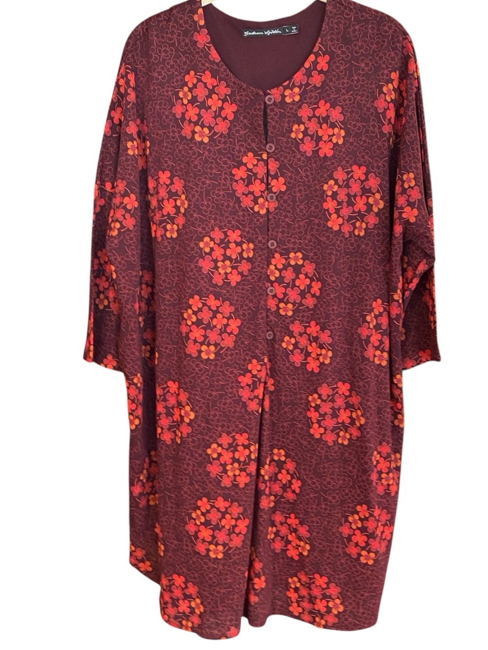 Gudrun Sjoden Floral Tunic / Dress 3/4 Sleeve. Button Front Made in Greece Sz. L